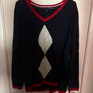 Tommy Hilfiger Black and Red V-Neck Sweater